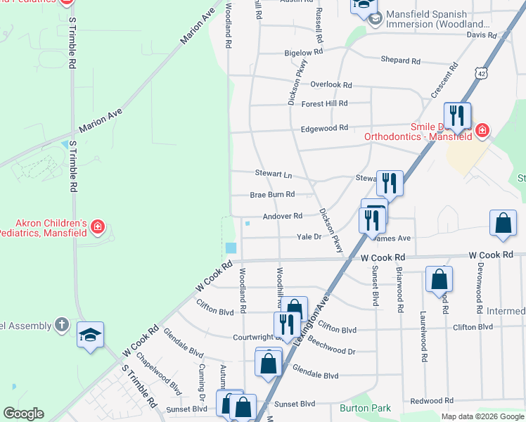 map of restaurants, bars, coffee shops, grocery stores, and more near 653 Brae Burn Rd in Mansfield