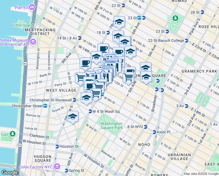 map of restaurants, bars, coffee shops, grocery stores, and more near 66 West 11th Street in New York