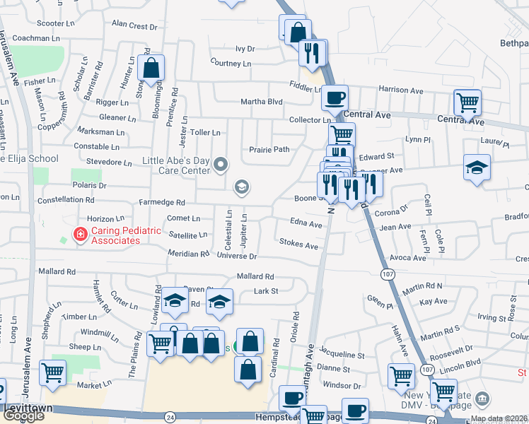 map of restaurants, bars, coffee shops, grocery stores, and more near 74 Farmedge Road in Bethpage