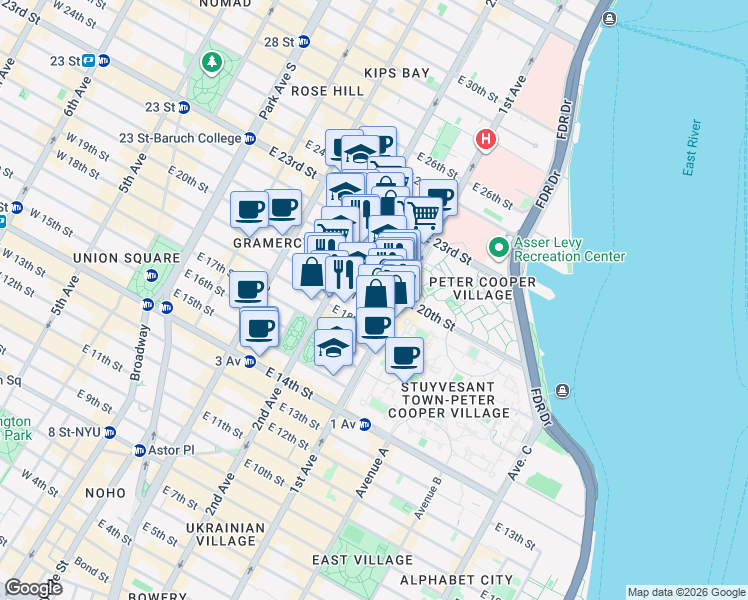 map of restaurants, bars, coffee shops, grocery stores, and more near 320 East 20th Street in New York