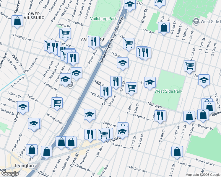 map of restaurants, bars, coffee shops, grocery stores, and more near 665 Grove Street in Irvington