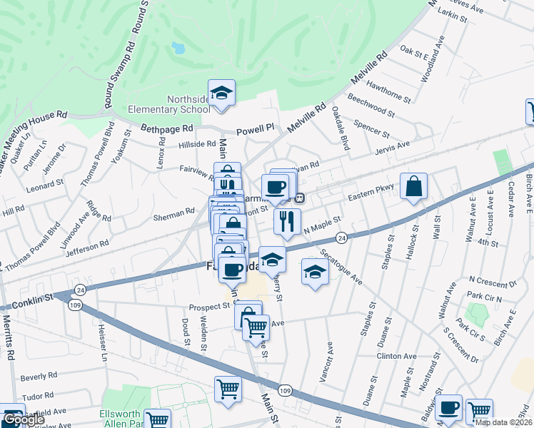 map of restaurants, bars, coffee shops, grocery stores, and more near 148 South Front Street in Farmingdale