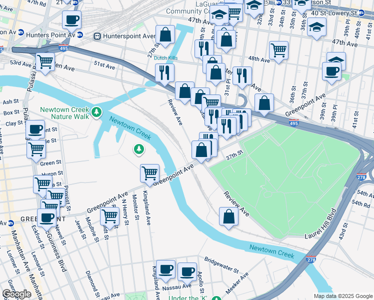map of restaurants, bars, coffee shops, grocery stores, and more near 30-54 Review Avenue in Queens