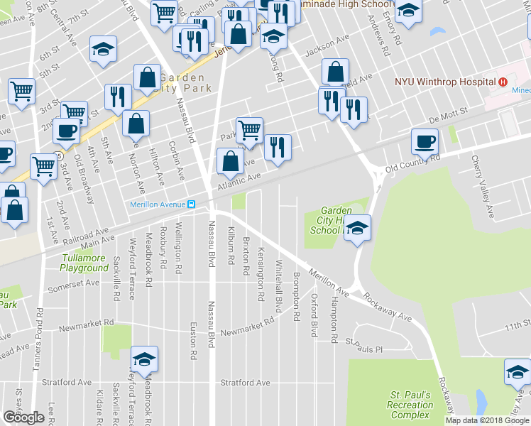 map of restaurants, bars, coffee shops, grocery stores, and more near 221 Kensington Road in Garden City