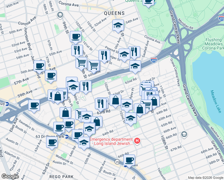 map of restaurants, bars, coffee shops, grocery stores, and more near 102-14 62nd Avenue in Queens