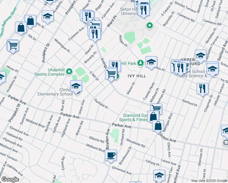 map of restaurants, bars, coffee shops, grocery stores, and more near 491 Irvington Avenue in Newark