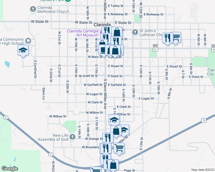 map of restaurants, bars, coffee shops, grocery stores, and more near 100 East Garfield Street in Clarinda
