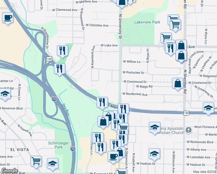 map of restaurants, bars, coffee shops, grocery stores, and more near 3927 North Stable Court in Peoria
