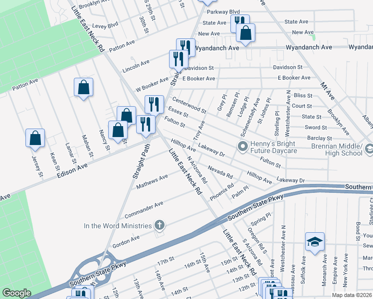 map of restaurants, bars, coffee shops, grocery stores, and more near 61 Lakeway Drive in West Babylon