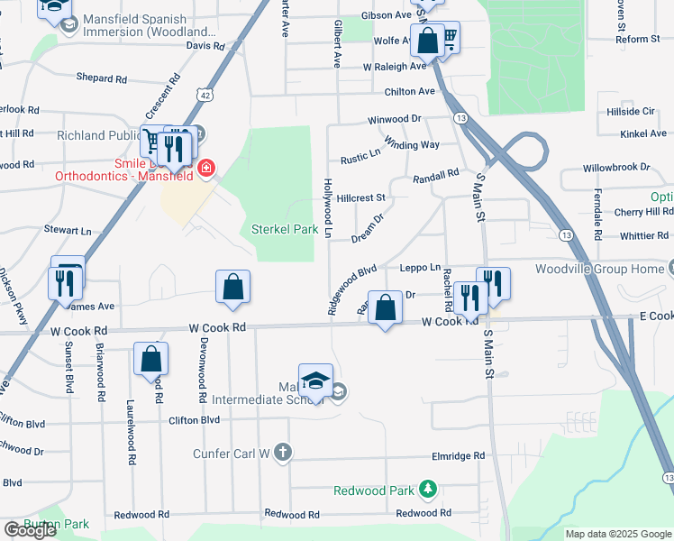 map of restaurants, bars, coffee shops, grocery stores, and more near 870 Hollywood Lane in Mansfield