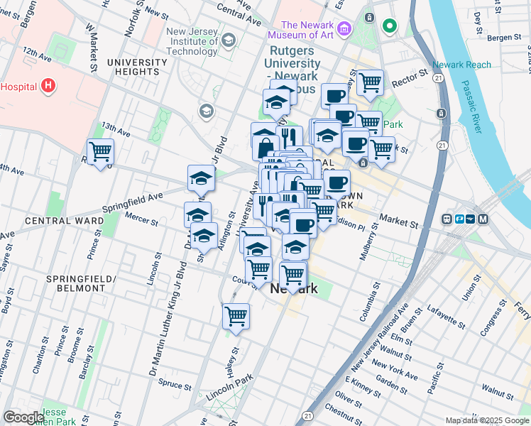 map of restaurants, bars, coffee shops, grocery stores, and more near 301 Washington Street in Newark