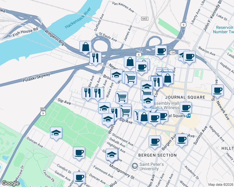 map of restaurants, bars, coffee shops, grocery stores, and more near 70 Wales Avenue in Jersey City