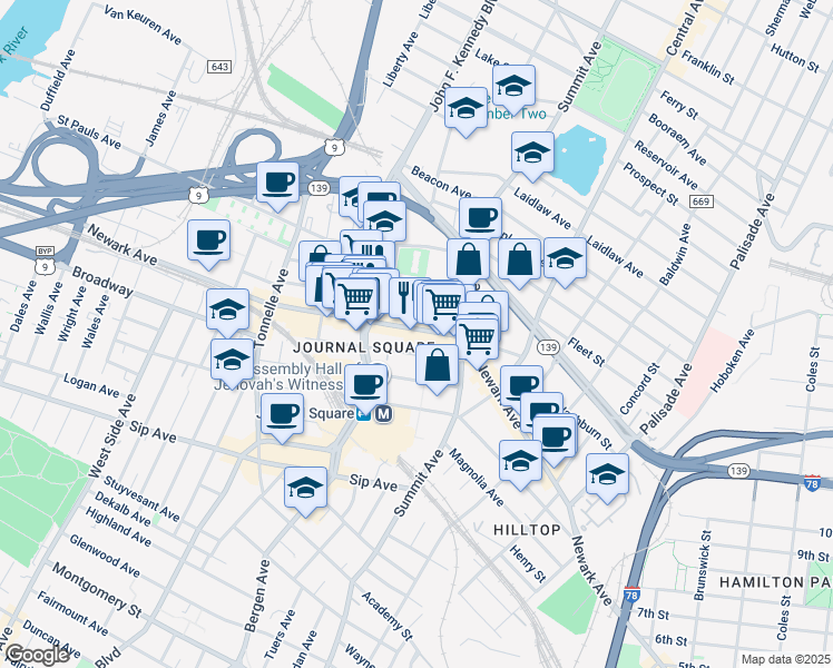 map of restaurants, bars, coffee shops, grocery stores, and more near 700 Newark Avenue in Jersey City