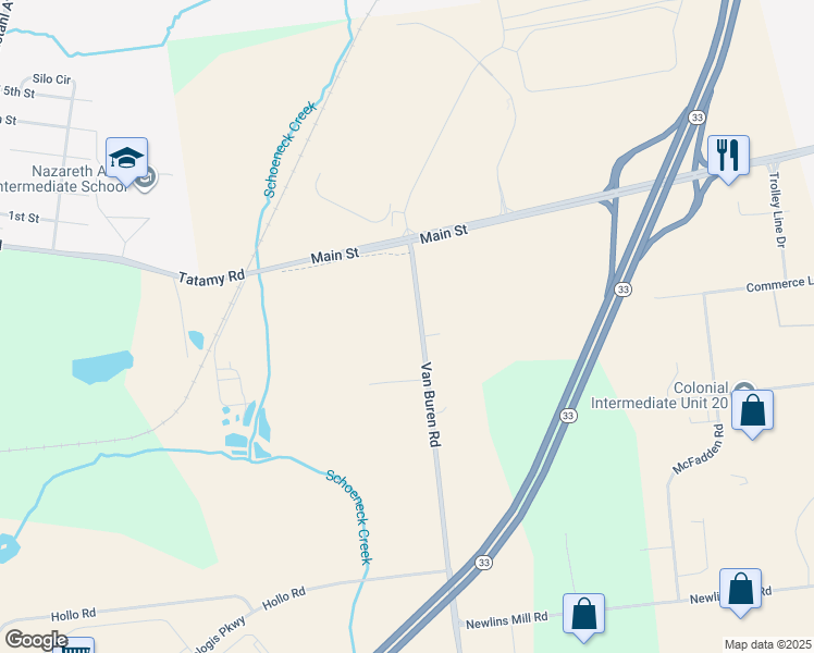 map of restaurants, bars, coffee shops, grocery stores, and more near 1580 Van Buren Road in Easton