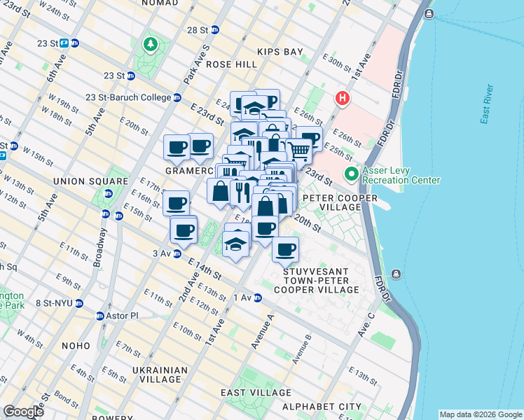 map of restaurants, bars, coffee shops, grocery stores, and more near 345 East 19th Street in New York