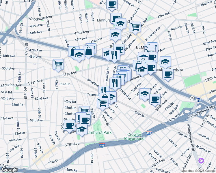 map of restaurants, bars, coffee shops, grocery stores, and more near 51-68 Manilla Street in Queens