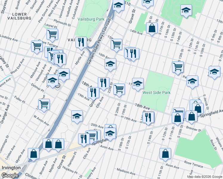 map of restaurants, bars, coffee shops, grocery stores, and more near 184 22nd Street in Irvington