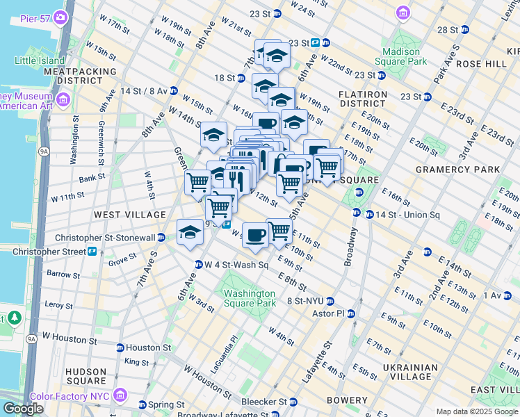 map of restaurants, bars, coffee shops, grocery stores, and more near 54 West 12th Street in New York
