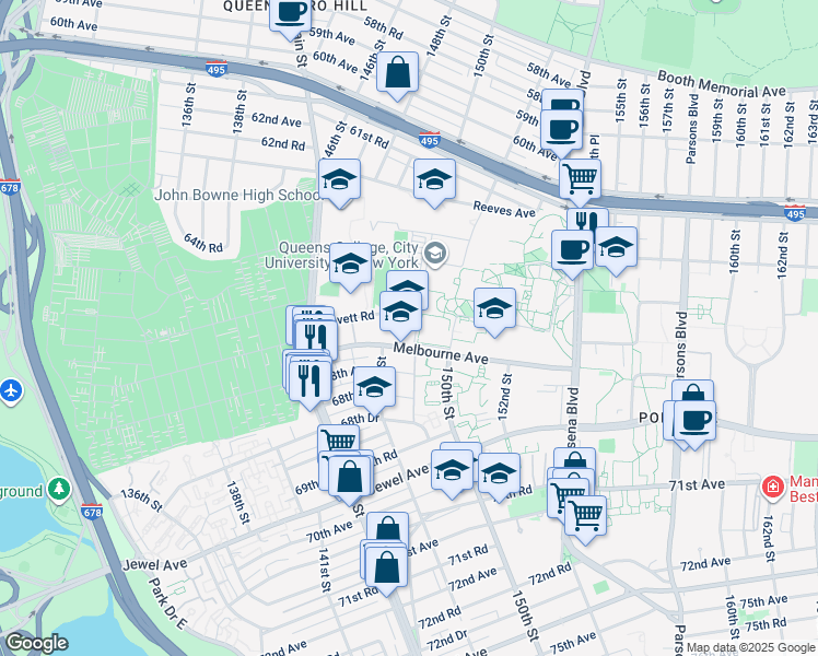 map of restaurants, bars, coffee shops, grocery stores, and more near 149-11 Melbourne Avenue in Queens