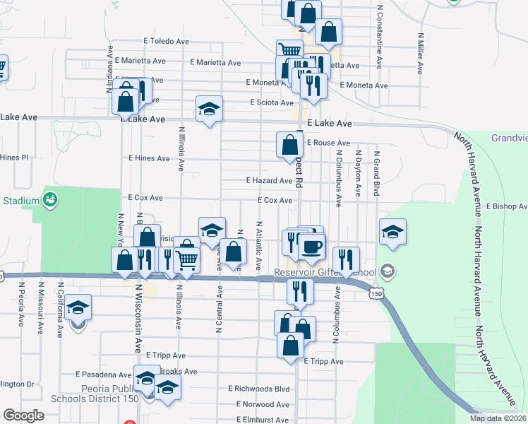 map of restaurants, bars, coffee shops, grocery stores, and more near 3923 North Atlantic Avenue in Peoria Heights