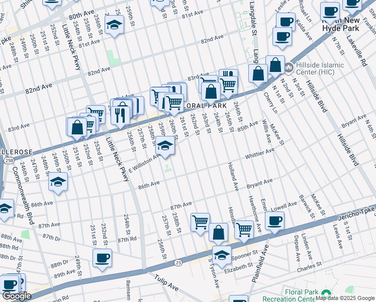 map of restaurants, bars, coffee shops, grocery stores, and more near 260-14 East Williston Avenue in Queens