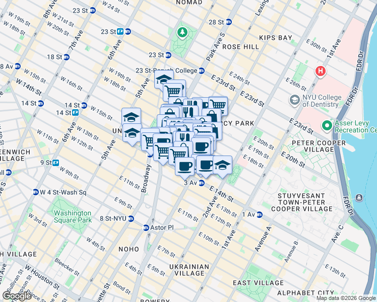 map of restaurants, bars, coffee shops, grocery stores, and more near 142 East 16th Street in New York