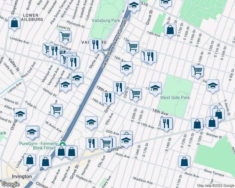 map of restaurants, bars, coffee shops, grocery stores, and more near 648 Grove Street in Irvington