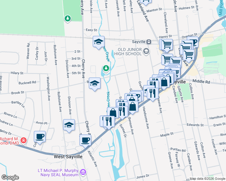 map of restaurants, bars, coffee shops, grocery stores, and more near 91 Saxton Avenue in Sayville
