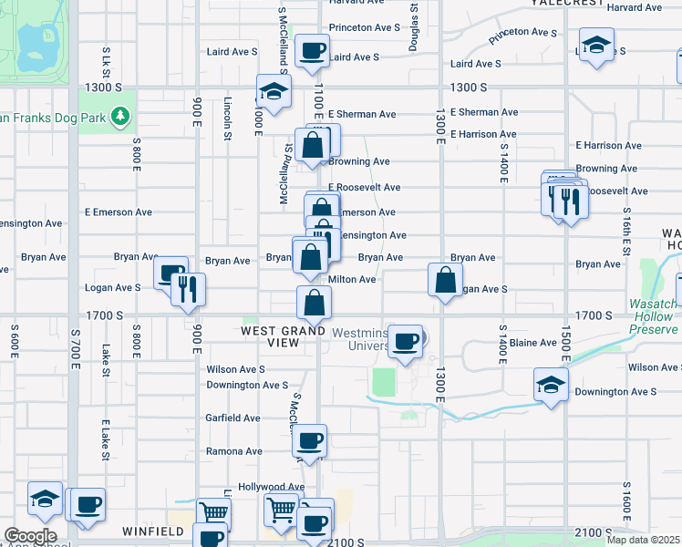 map of restaurants, bars, coffee shops, grocery stores, and more near 1133 Milton Avenue in Salt Lake City