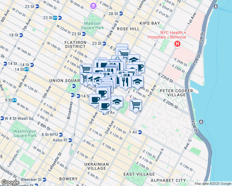 map of restaurants, bars, coffee shops, grocery stores, and more near 219 East 17th Street in New York