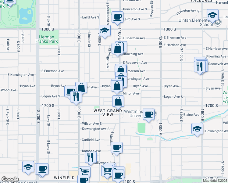 map of restaurants, bars, coffee shops, grocery stores, and more near 1066 Wood Avenue South in Salt Lake City