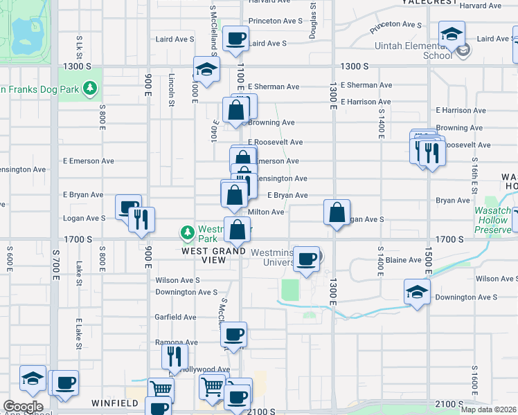 map of restaurants, bars, coffee shops, grocery stores, and more near 1152 Bryan Avenue South in Salt Lake City
