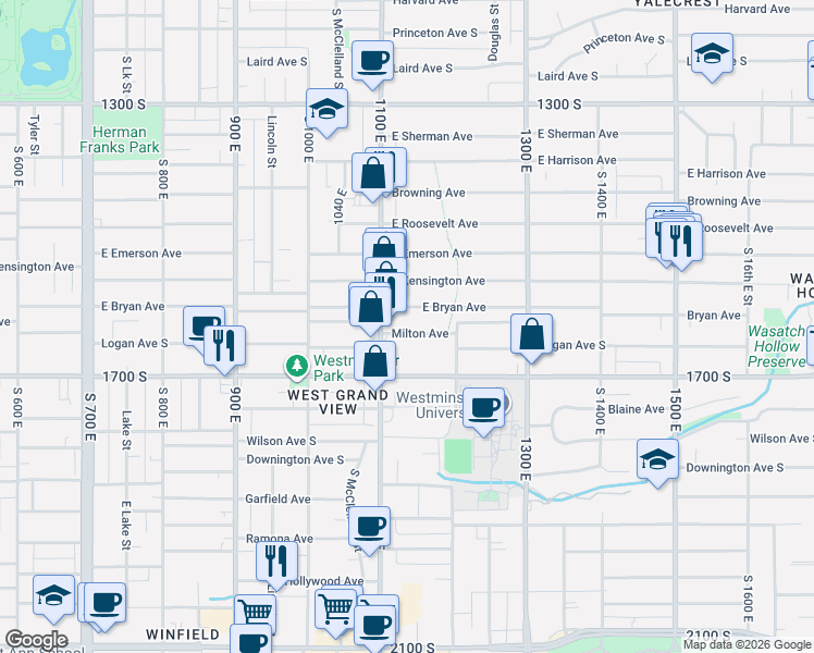 map of restaurants, bars, coffee shops, grocery stores, and more near 1152 Bryan Avenue in Salt Lake City
