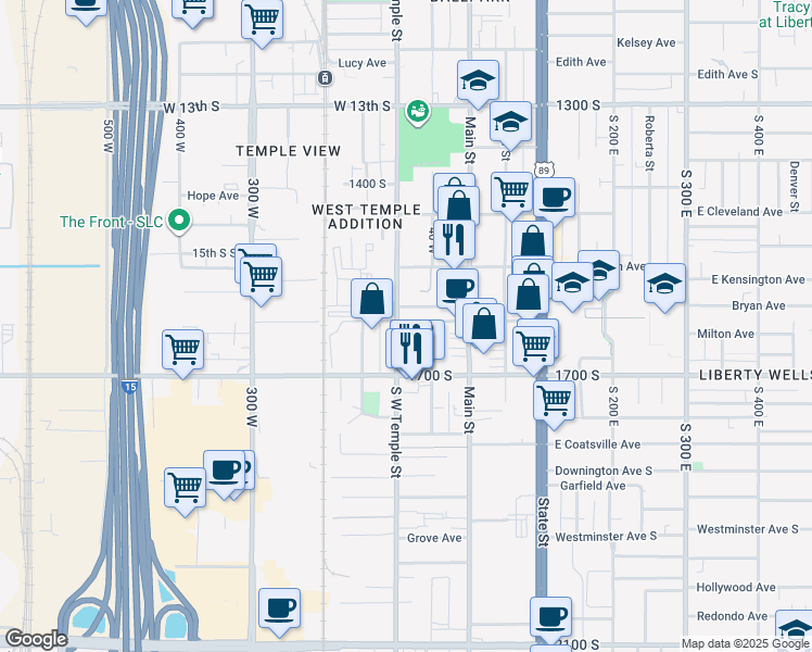 map of restaurants, bars, coffee shops, grocery stores, and more near 1558 South West Temple in Salt Lake City