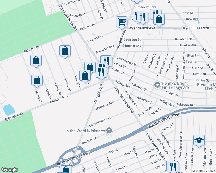 map of restaurants, bars, coffee shops, grocery stores, and more near 1340 Little East Neck Road in West Babylon