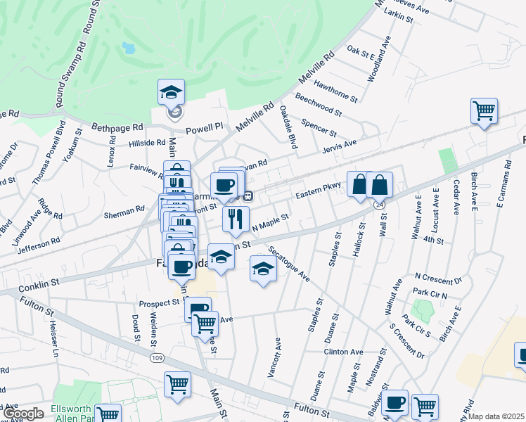 map of restaurants, bars, coffee shops, grocery stores, and more near 3 Main Street in Farmingdale