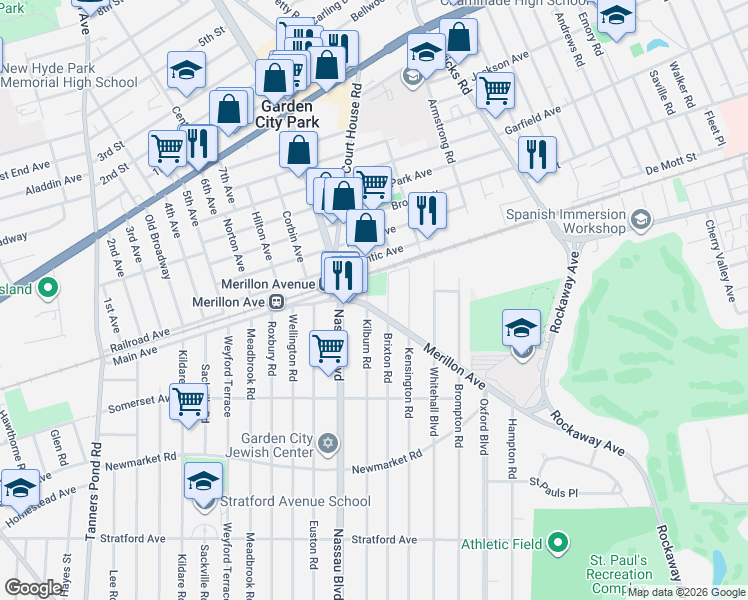 map of restaurants, bars, coffee shops, grocery stores, and more near 230 Brixton Road in Garden City