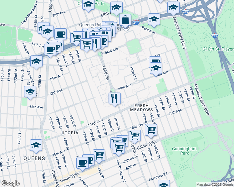 map of restaurants, bars, coffee shops, grocery stores, and more near 188-1-188-35 69th Avenue in Queens