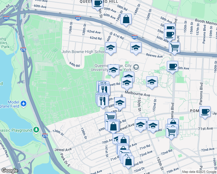 map of restaurants, bars, coffee shops, grocery stores, and more near 144-40 Gravett Road in Queens