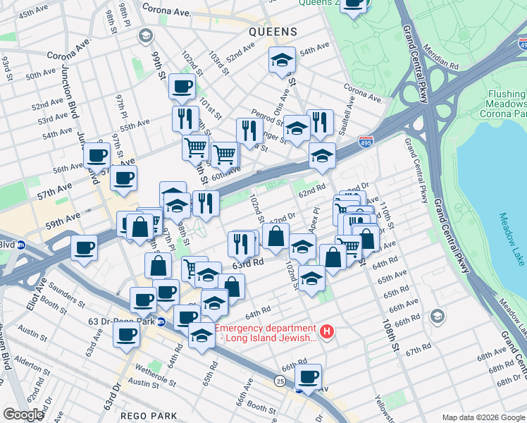 map of restaurants, bars, coffee shops, grocery stores, and more near 102-14 62nd Avenue in Queens