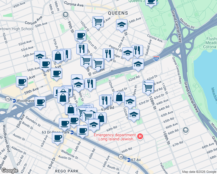 map of restaurants, bars, coffee shops, grocery stores, and more near 99-02 Horace Harding Expressway in Queens