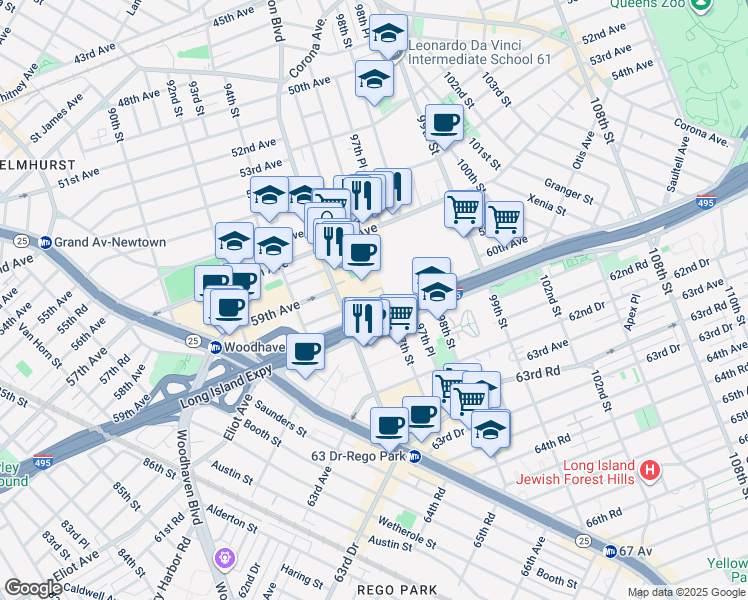 map of restaurants, bars, coffee shops, grocery stores, and more near in Queens
