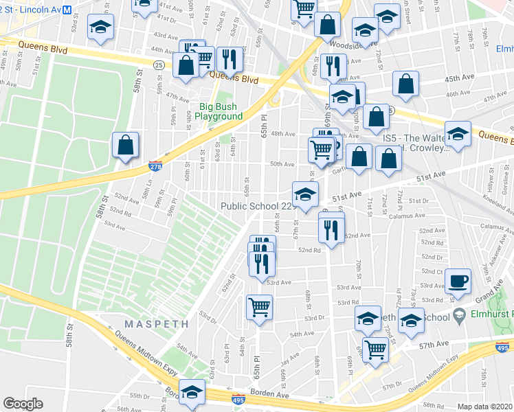 map of restaurants, bars, coffee shops, grocery stores, and more near 51-01 65th Street in Queens