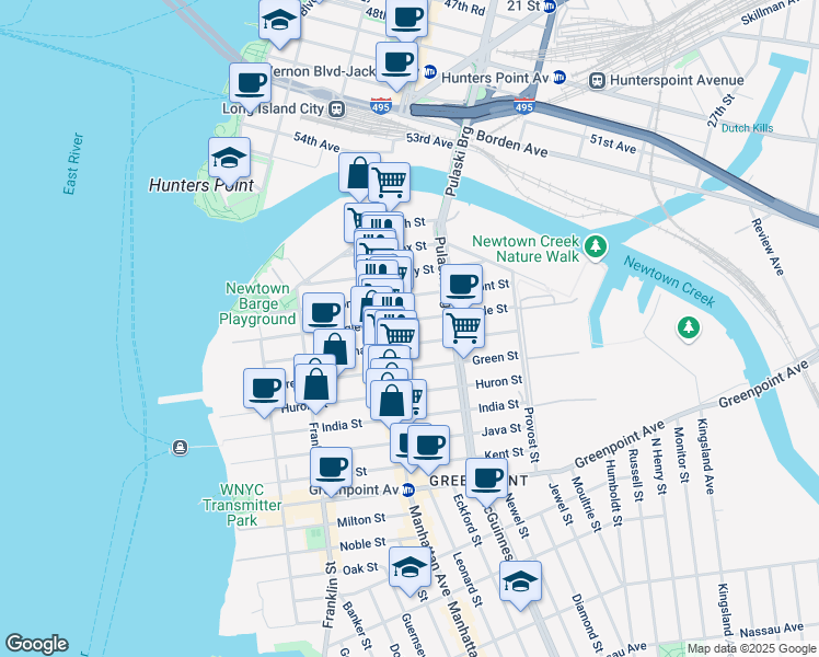 map of restaurants, bars, coffee shops, grocery stores, and more near 153 Eagle Street in Brooklyn