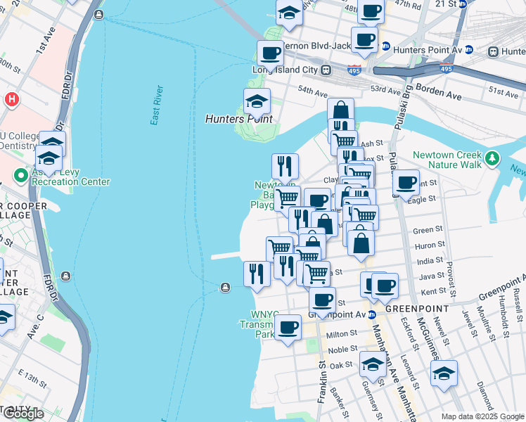 map of restaurants, bars, coffee shops, grocery stores, and more near 15 Commercial Street in Brooklyn
