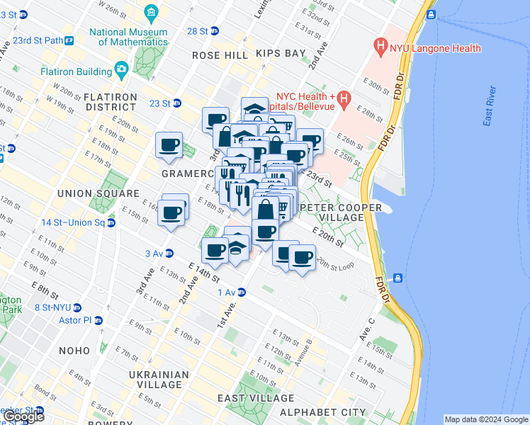 map of restaurants, bars, coffee shops, grocery stores, and more near 320 East 20th Street in New York