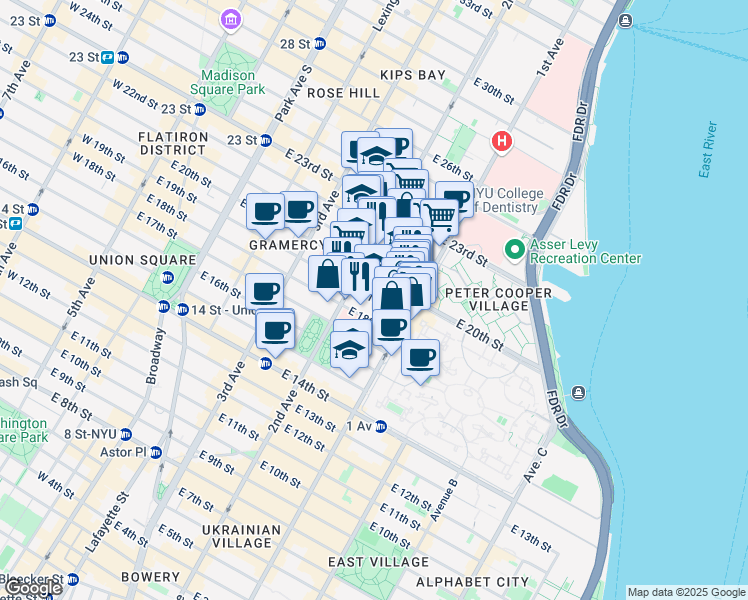 map of restaurants, bars, coffee shops, grocery stores, and more near 320 East 20th Street in New York