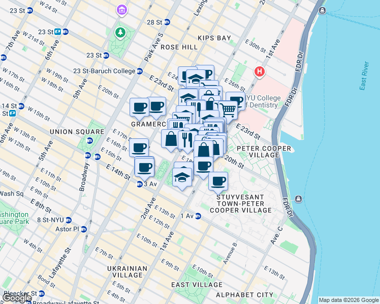 map of restaurants, bars, coffee shops, grocery stores, and more near 320 East 20th Street in New York