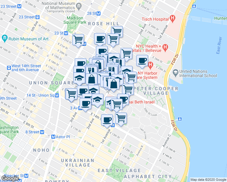 map of restaurants, bars, coffee shops, grocery stores, and more near in New York
