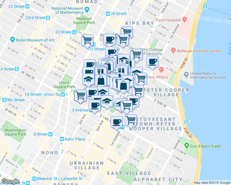 map of restaurants, bars, coffee shops, grocery stores, and more near in New York